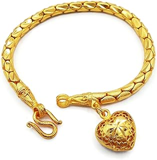 Link Bracelet Heart Charm Thai Gold Plated Bangle 22k 24k Thai Baht Yellow Gold Filled Jewelry Women 7 Inch