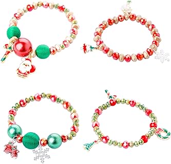 Nanafast 4 PCS Christmas Bracelet Set Santa Claus Snowflake Christmas Tree Beaded Stretch Bracelet for Women Girls Thanksgiving Xmas Holiday Party Gifts