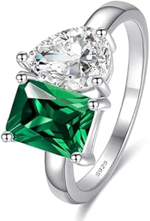 Toi Et Moi Ring 925 Sterling Silver Women Engagement Ring White Gold Plated 1.5ct 6x8mm Double Stone Ring Emerald & Pear Cut Cubic Zirconia Wedding Band Width Band 2mm Size 5-9
