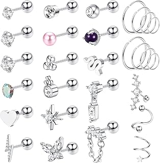 JeweBella Pendientes de Acero Quirúrgico de 30 Piezas con Cadenas Colgantes y Estrellas, Ideales para Mujeres y Niñas, Tamaño 20G, Perfectos para Cartílago y Tragus