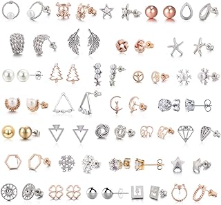 32 Pairs Assorted Stainless Steel Stud Earrings for Teens Girls Women-Cute Animal Faux Pearl Cat Elephant Sun Moon Star CZ Twise Heart Geometric Pattern Small Statement Bar Stud Earring Set