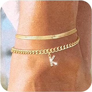 CHESKY Ankle Bracelets for Women, Gold Initial Anklets for Women Waterproof 14K Gold Layered Snake Cuban Link Anklet Bracelet Set Stackable Layering Summer Foot Jewelry Gifts for Women Teen Girls
