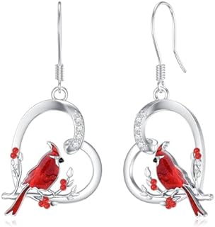 Push Back Diamond Cardinal Heart Dangle Earrings in Sterling Silver for Women - Drop Design