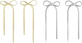 14K Gold Plated Bow Earrings for Women Long Tassel Chain Earrings Wedding Statement Jewelry Ribbon Stud Earrings Gift