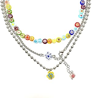 Y2k Necklace Layered Colorful Beaded Necklace Y2K Bead Choker Necklaces with Flower Pendant Indie Jewelry for Teen Girls Woman 3Pcs