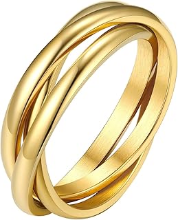 FOCALOOK Anillos de Oro Modernos para Mujer con Tres Círculos Delgados, ideales para Compromiso y Anillos Minimalistas. Tamaño 6.75, en Acero Inoxidable 316L, Perfectos para Pieles Sensibles