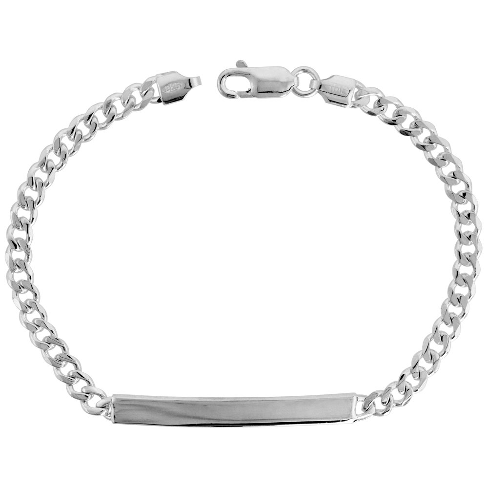 Thin Sterling Silver 4mm Curb Link ID Bracelet for Women 3/16 inch wide High Polished Nickel Free Italy 7 inch