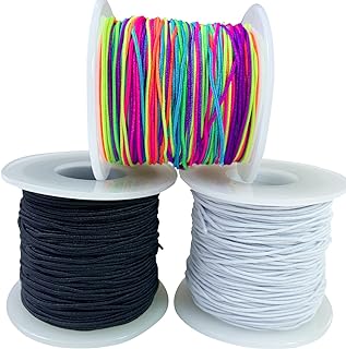 "Durable QBJAYTY Elastic Cord for Jewelry Crafting, 3-Color Dense Fiber Coated Rubber String for Beading Bracelets, Universally Applicable for All Bead Types, Black White Rainbow Design, 150m Total"
