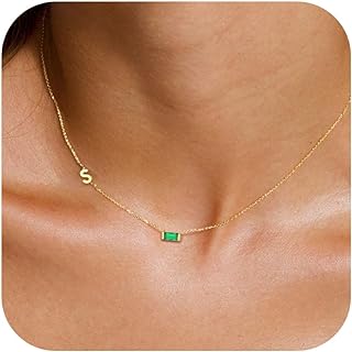 Birthstone Initial Necklaces for Women Girls - 18K Gold Plated Sideway Initial Necklace Dainty A-Z Pendant Necklace Emerald Birthstone Initial Necklace Gold Neckalce for Women Jewelry Gifts