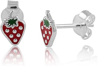 Sterling Silver Small Womens Fruit Red Strawberry Push Back Stud Earrings - Fruit Gifrts For Girls Teens Mom Wife 0.31in