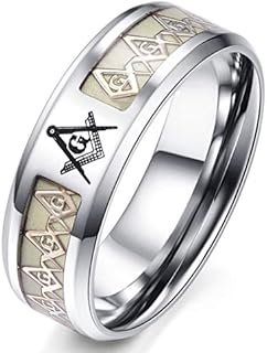 Glow in the Dark 8MM Men's Stainless Steel Freemason Wedding Ring | Hypoallergenic Masonic Band for Men and Women | Iconic Gold-Tone Design