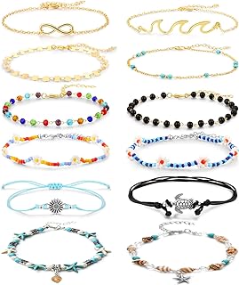 Lobster Claw & Buckle Clasp Boho-Style Beaded Ankle Bracelets - 12 Pack Colorful Plastic Beaded Chain Anklets for Women and Girls, Waterproof Beach & Summer Foot Jewelry
