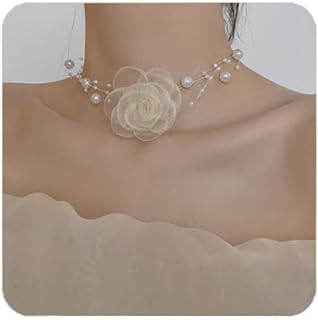 Handmade White Pearl Flower Choker Necklace with Rope Chain For Women - Unique Floral Design Pearl and Brass Collar Jewelry For Party and Prom