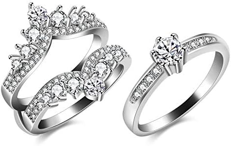 Platinum-Plated-Brass Clasp Cubic Zirconia Filigree Engagement Rings for Women - Uloveido 2 Pcs Round Solitaire and Adjustable Crown Ring Guard Set