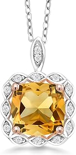 Women's Cushion-Cut Citrine and Zirconia Pendant Necklace with 925 Sterling Silver Cable Chain and Spring Ring Clasp