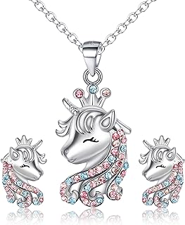 Valentines Day Gifts Unicorn Jewelry Set for Girls, 925 Sterling Silver CZ Unicorn Necklace Earrings Set Birthday Gift for Daughter Granddaughter