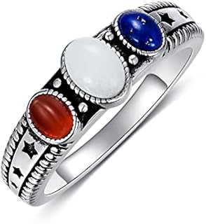 Fireman Wedding Ring with Agate Gem on Sterling Silver for Patriotic Women - Oval 3-Stone Design