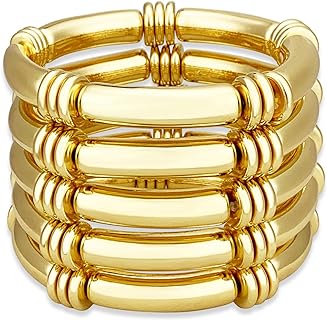 YBMYCM Women's 5PCS Gold-Plated Stackable Alloy Bangles with Box Chain, Bamboo Tube Design - Elegant Layered Bracelets Set