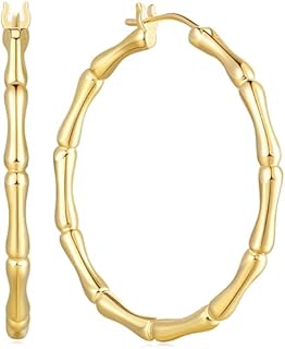 Gold Hoop Earrings 14K Gold Hoop Earrings for Women Large Women’s Hoop Earrings Thick Bamboo Joint Design Gold Bamboo Hoop Earrings for Women 34mm*2mm