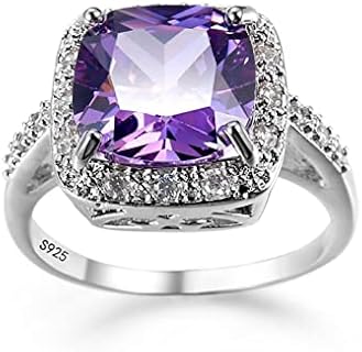 White Gold Amethyst Cocktail Rings Purple CZ Engagement Ring Princess Cut Square Cubic Zirconia 925 Sterling Silver Shiny Full Diamond Ring for Women