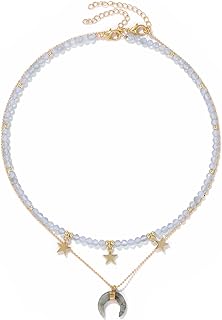 Lobster Clasp Moonstone Bead Necklace with Cable Chain - Layered Choker Featuring 18K Gold Plating and Natural Stones - Perfect for Women and Teen Girls - Star and Moon Designs