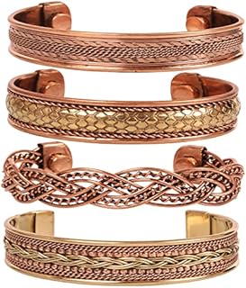 Handcrafted Touchstone Indian Bollywood Desire Copper & Brass Cuff Bracelets, Set of 4 - Hypoallergenic, Free Size Design with Healing Properties