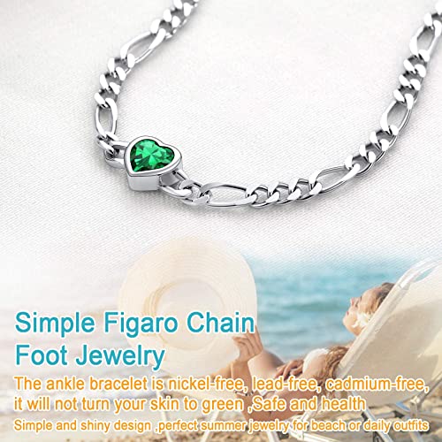 SILVERCUTE Figaro Anklets for Women, Sterling Silver Diamond Cut 3mm Link Chain Ankle Bracelet with Heart/Round Birthstone, Length 8.5"-10.5"
