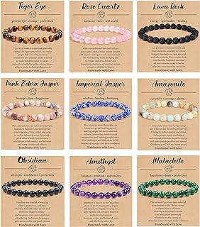 BOMAIL's 9PC Unisex Natural Crystal Bracelet Set - 8mm Semi-Precious Stone Beads with Easy-Hook Clasp and Bead Chain Design: Strand Bracelets Perfect for Yoga and Meditation
