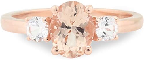 Peach Morganite and White Topaz Engagement Ring in 10K Rose Gold for Women, Graceful 3-Stone Design, Size 6