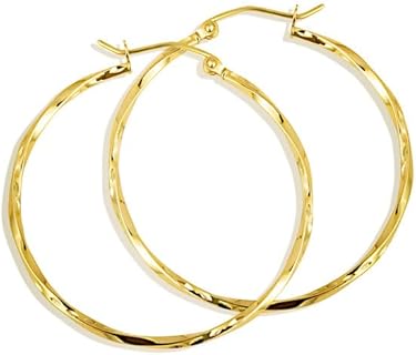 14K Yellow Gold Reversible Twisted Rope Cut Hoop Earrings With Click-in Top Back Finding for Women and Girls