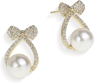 Women's JeanBeau Bow Stud Earrings with Latch Back, Pearl Gems and Sterling Silver Dangle Design