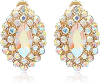 Horse Eye AB Crystal Clip On Earrings for Women - PeriFairy Waterdrop Iridescent Rhinestone Pave Earrings Non Pierced Jewelry