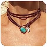 HUASAI Boho Necklaces for Women Brown Suede Choker Necklace for Women Trendy Boho Layered Leather Necklace Western Turquoise Necklace Boho Necklaces Jewelry