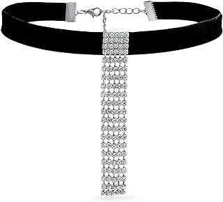 Women's Glamorous Black Velvet Rhinestone Dangle Choker with Lobster Claw Clasp - Fringe Waterfall Design for Prom, Holiday, Evening Wear