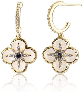 Sonateomber Lucky Four Leaf Clover Hoop Huggie Earrings for Women Girls - Cute Sparkly Rhinestone Shamrock Dangle Daily Cartilage Summer Jewelry Gift