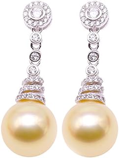 10.5mm Round Golden South Sea Pearl Drop Earrings with Sterling Silver and Zircon Accents, Bead-set Back Finding, Dangle Design for Women