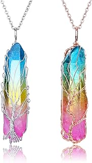2-Piece Clear Quartz Healing Crystal Pendant Necklace for Men & Women with Stainless Steel Cable Chain & Lobster Clasp - Ideal Gift for Valentines or Birthdays