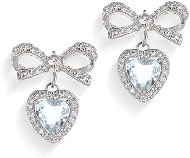 JeanBeau Blue Cubic Zirconia Bow Heart Dangle Earrings with Stainless Steel Latch Back for Women, Heart-Shaped Stud Design
