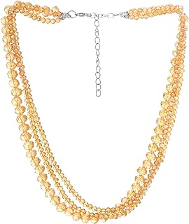 COOLSTEELANDBEYOND Statement Necklace Champagne Faceted Crystal Beads String Chain Necklace, Three-strand