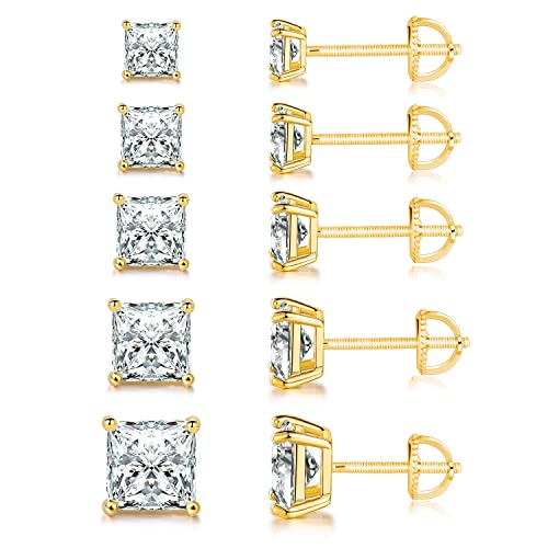 18K Gold Plated Princess Cut Cubic Zirconia Screw Back Stud Earring Pack of 5 Pairs (5 Pairs)