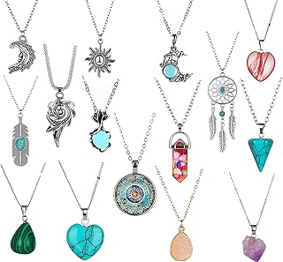Boho-Style 15pc K&Q Vintage Crystal Pendant Necklaces with Lobster Clasp for Women and Girls - Sun, Moon and Retro Designs, Stainless Steel Chain