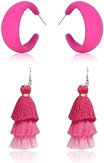 2Pcs Pink Heart Earrings Big Heart Dangle Earrings Rectangle Geometric hot pink tassel earrings for Women Teen Girls Gifts