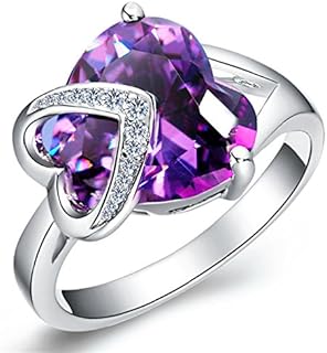 Uloveido Fashion Platinum Plated Love Heart Purple Cubic Zirconia Solitaire Accent Wedding Engagement Rings for Women J130(Available in size 6 7 8 9)