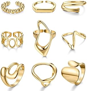 FIBO STEEL 18K Gold Plated Chunky Ring Set with Cubic Zirconia for Women - Adjustable Size and Versatile Dome Design