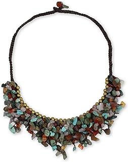 NOVICA Artisan Handmade Beaded Gemstone Necklace Multicolor Chip with Brass Accents Aventurine Calcite Carnelian Jasper Rose Quartz Cord Statement Thailand Bohemian 'Festive Party'