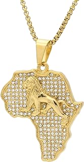 18K Gold Plated Iced Out Stainless Steel Map of Africa Pendant Lion Necklace