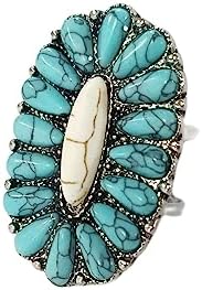 Pingyongchang Western Turquoise Ring Turquoise Flower Lightning Bolt Adjustable Ring Natural Green Stone Thunder Flash Knuckle Finger Rings for Women Girls Cowgirls Punk Party Statement Jewelry