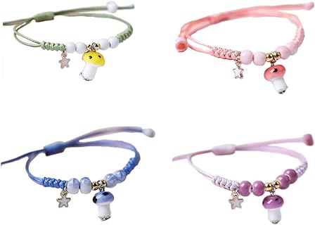 Set of 4 Beaded Mushroom-Design Strand Bracelets with Rope, Cord, Braided and Bead Chains - Colorful Alloy Metal Luck Bracelets for Women and Girls