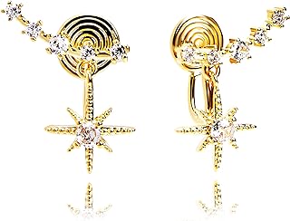 Clip-On Octagram Star Dangle Earrings with Cubic Zirconia for Women and Girls, Non-Pierced Brass Design