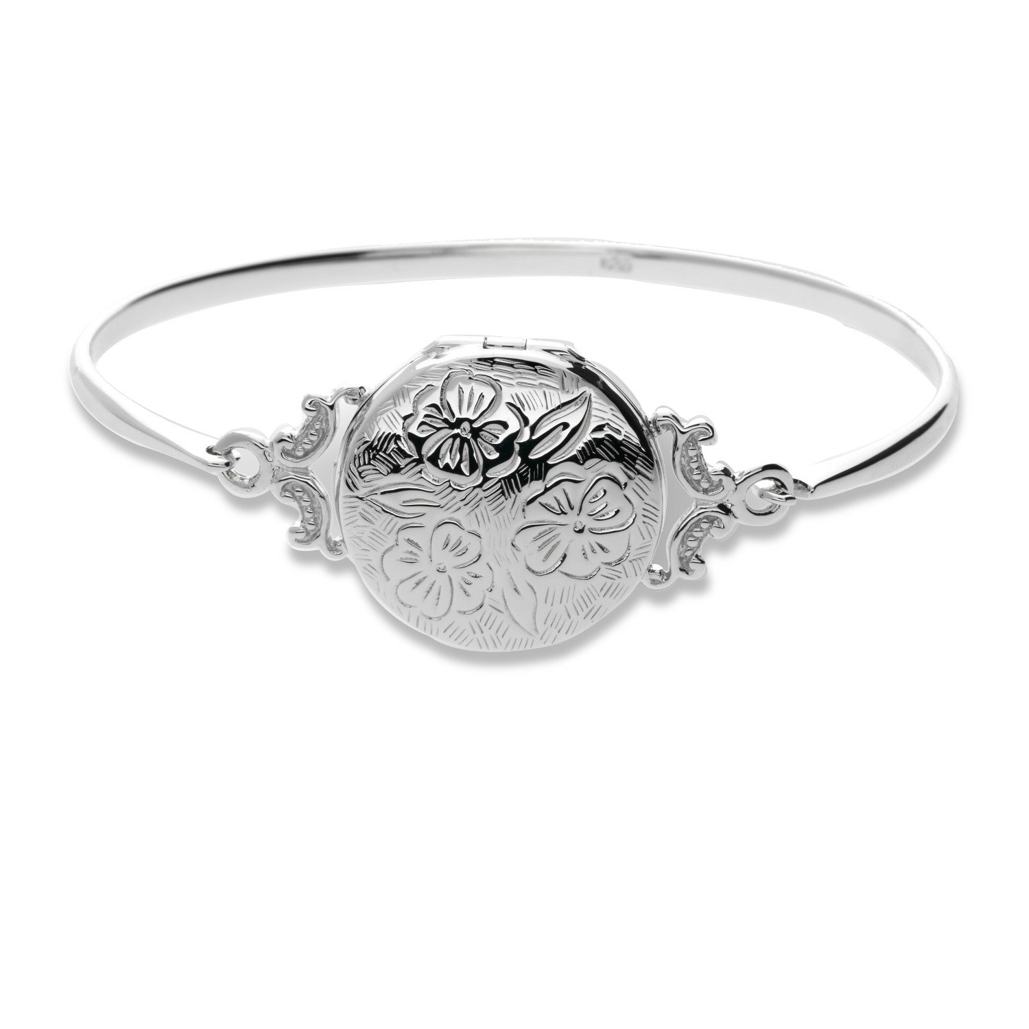 Sterling Silver Locket Bracelet Bangle Cuff Etched Floral Vintage Style for Woman 7"